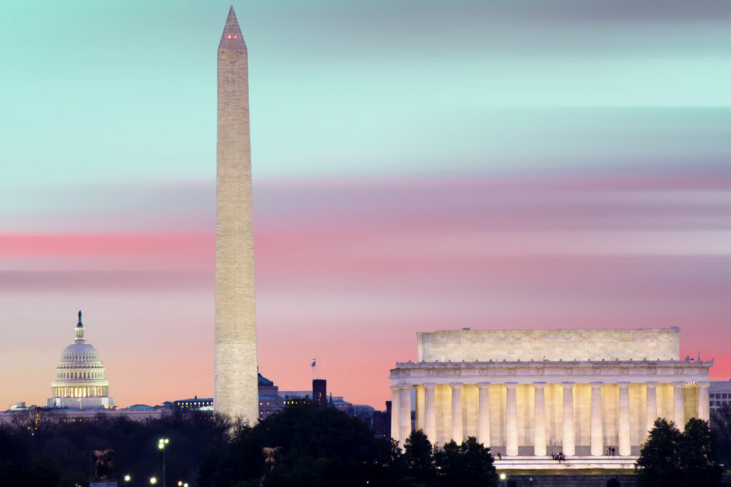 Washington DC skyline including Lincoln Memorial, Washington Monument, and The United States Capitol building